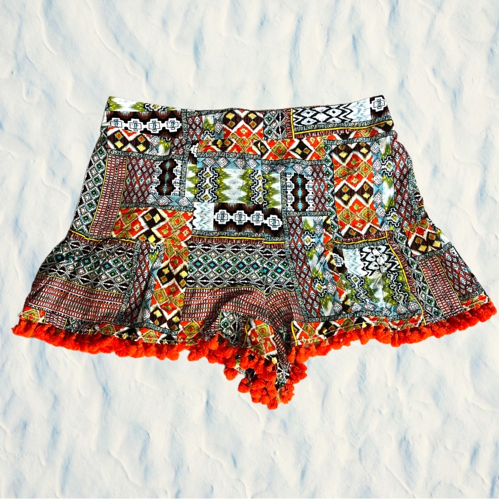 🪃 Umgee Orange Fringe, Multi-Colored Shorts, Tassel Trim, Elastic Waist, Large